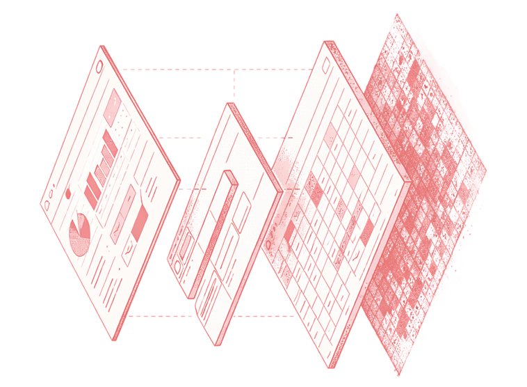 Isometric illustration of a layered data stack: dashboard, schema, index grid and vector layers
